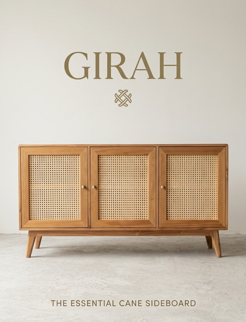 Girah Cane Sideboard – 3 Door Natural Wood Cabinet