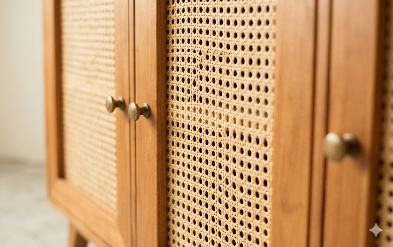 Girah Cane Sideboard – 3 Door Natural Wood Cabinet